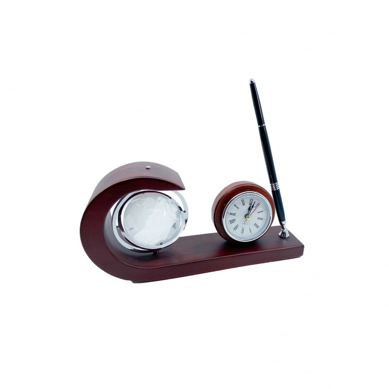 Set birou GlassGlobe Clock, glob pamantesc, ceas clasic, suport pentru instrument de scris, maro, 24x12 cm