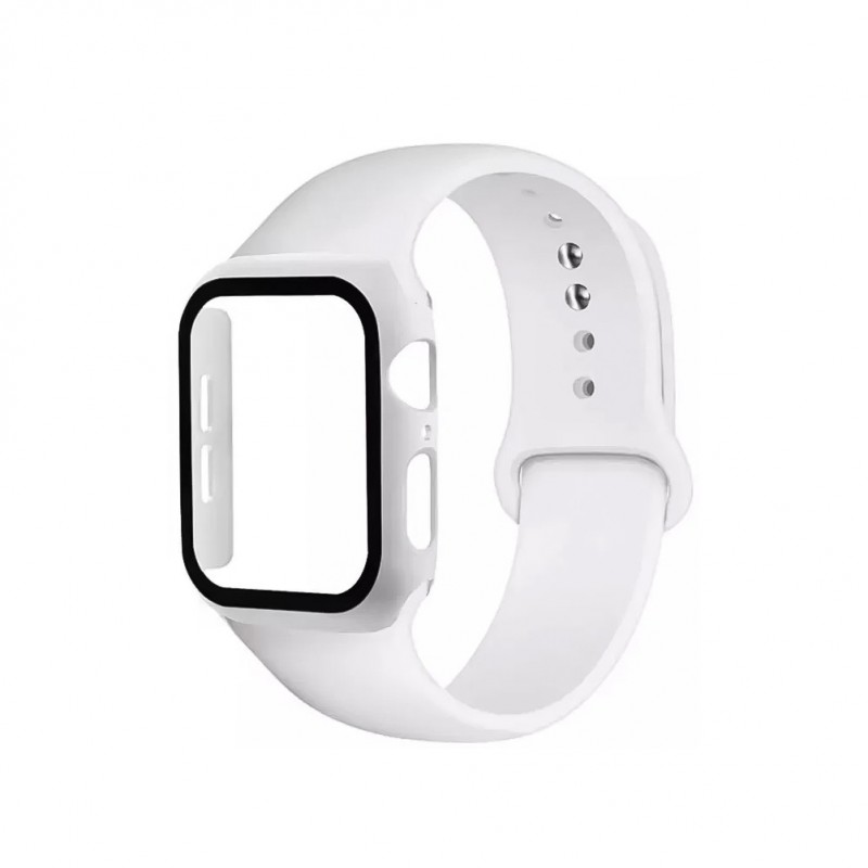 Set 2 in 1 curea din silicon si husa protectie ecran pentru Apple Watch series 1/2/3/4/5/6/, 38 mm, alb