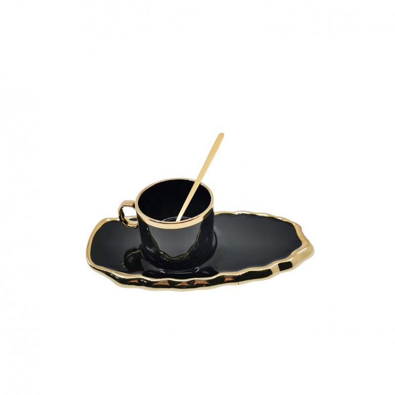 Set Ceasca Black Royal, lingurita si farfurie incluse, 25 cm, forma asimetrica, accente aurii, 100 ml, negru