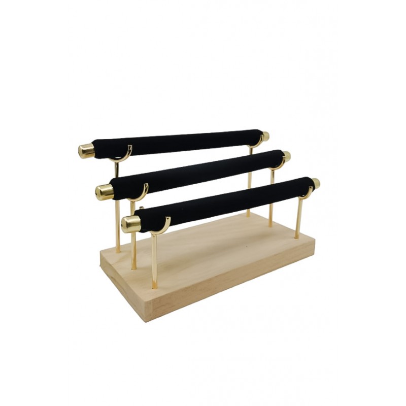 Suport GoldExposer de expunere inele si alte accesorii mici, 3 forme cilidrice, 21 cm, catifea neagra, lemn bambus, Doty®️