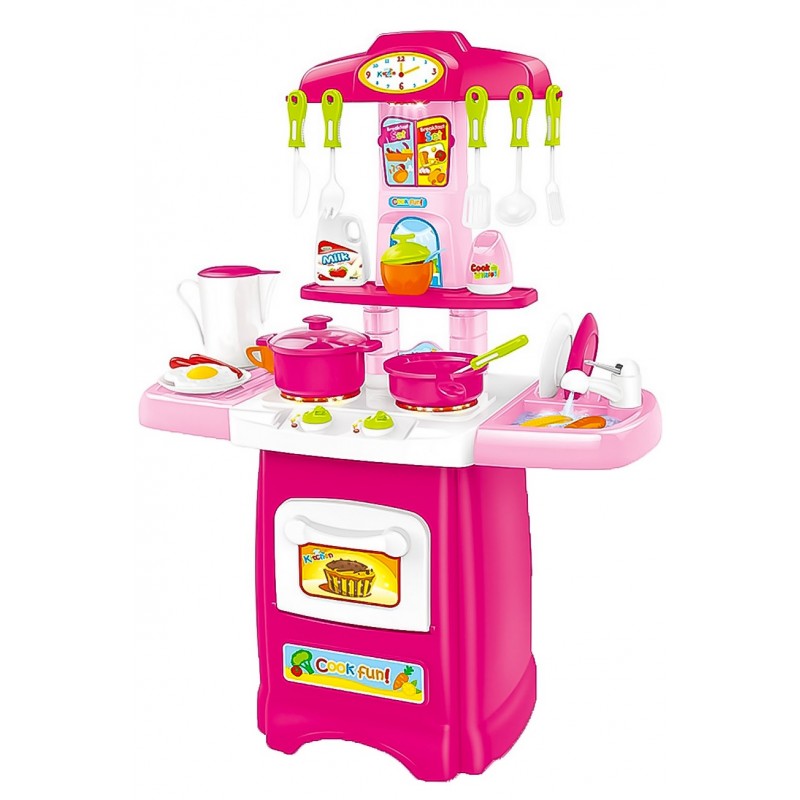 Set Bucatarie pentru copii, cu Lumini si sunete interactive, aragaz, cuptor, chiuveta si accesorii pentru gatit , 62 cm, roz, Do