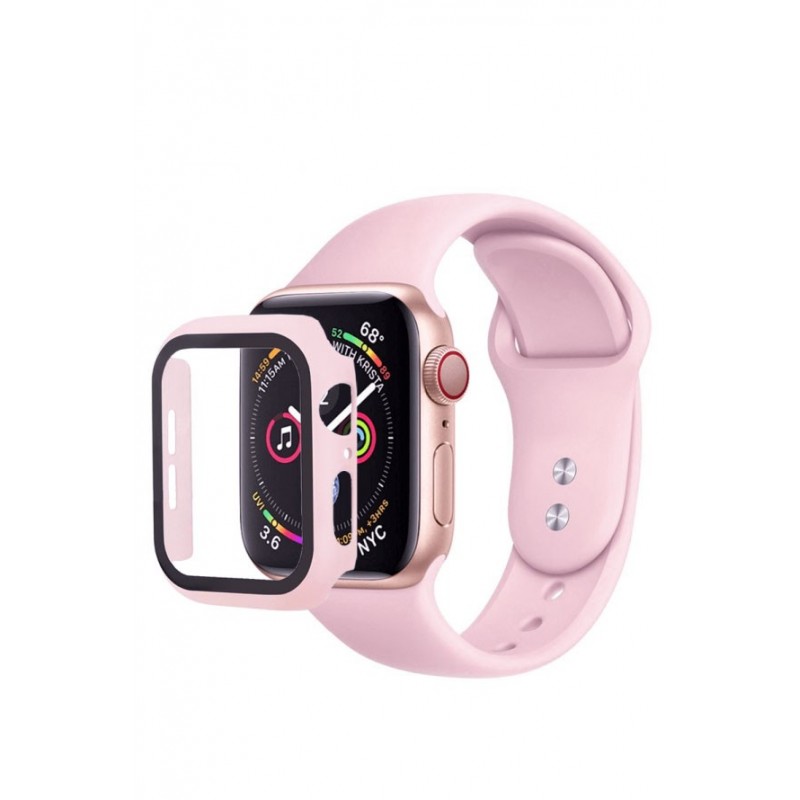 Set 2 in 1 curea din silicon si husa protectie ecran pentru Apple Watch series 1/2/3/4/5  ,materiale de calitate,38 mm, roz,doty