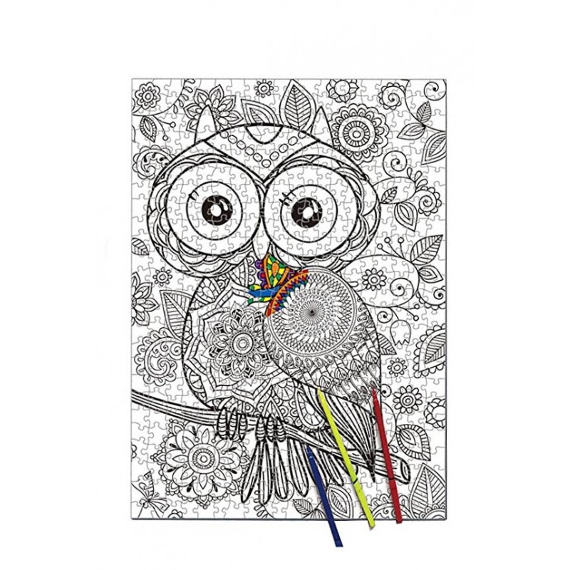 Puzzle de colorat Colorful Owl, 500 de piese, model bufnita, 70x 50 cm, 6 carioci incluse, design tip mandala,stimuleaza creativ