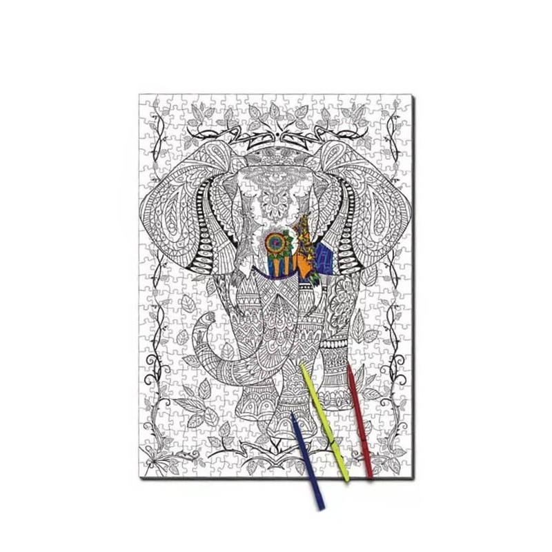 Puzzle de colorat Colorful Elephant, 500 de piese, model elefant, 70x 50 cm, 6 carioci incluse, design tip mandala,stimuleaza cr
