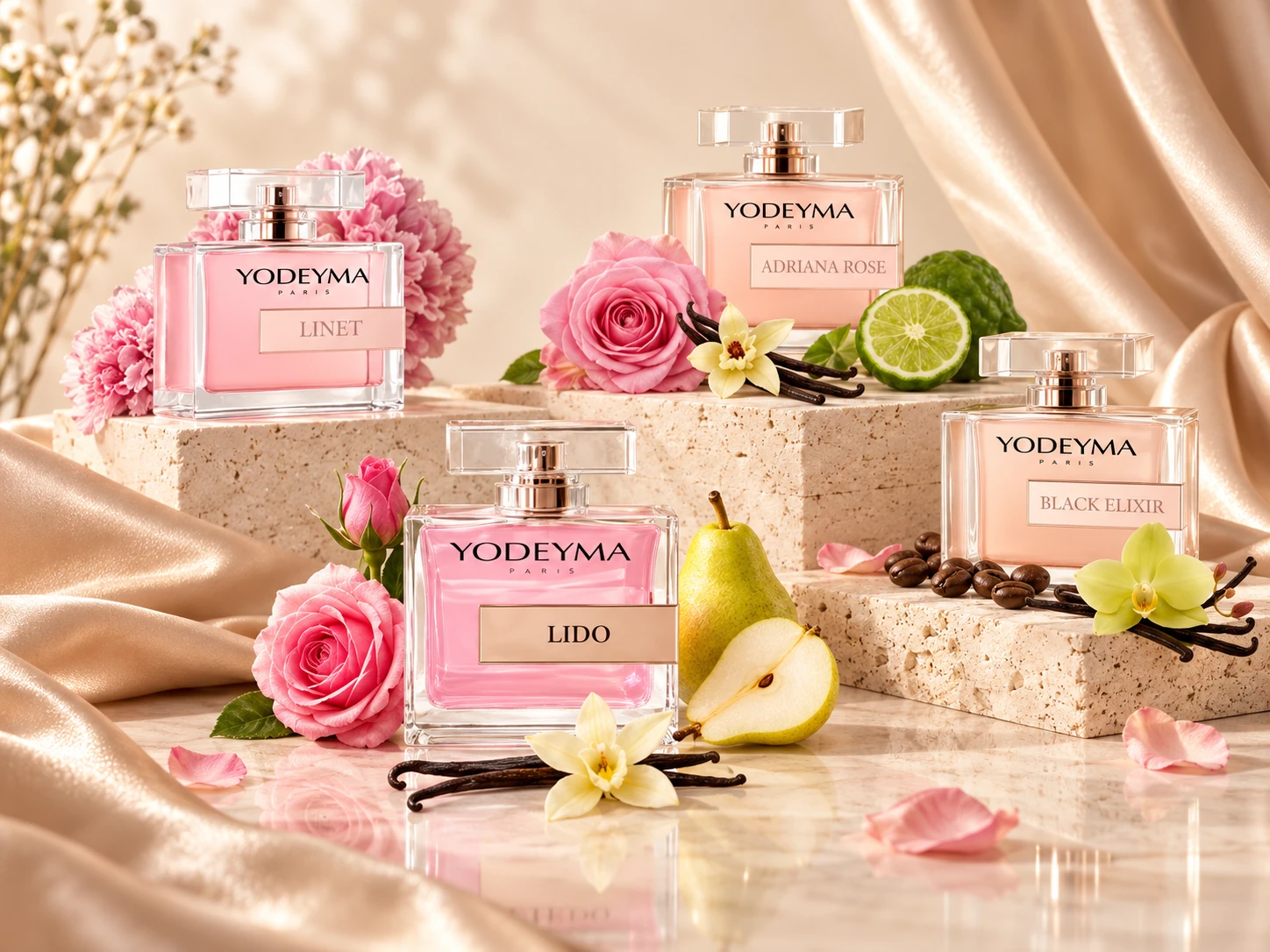 Colecție de parfumuri Yodeyma Lido, Linet, Adriana Rose și Black Elixir, prezentată într-un decor premium