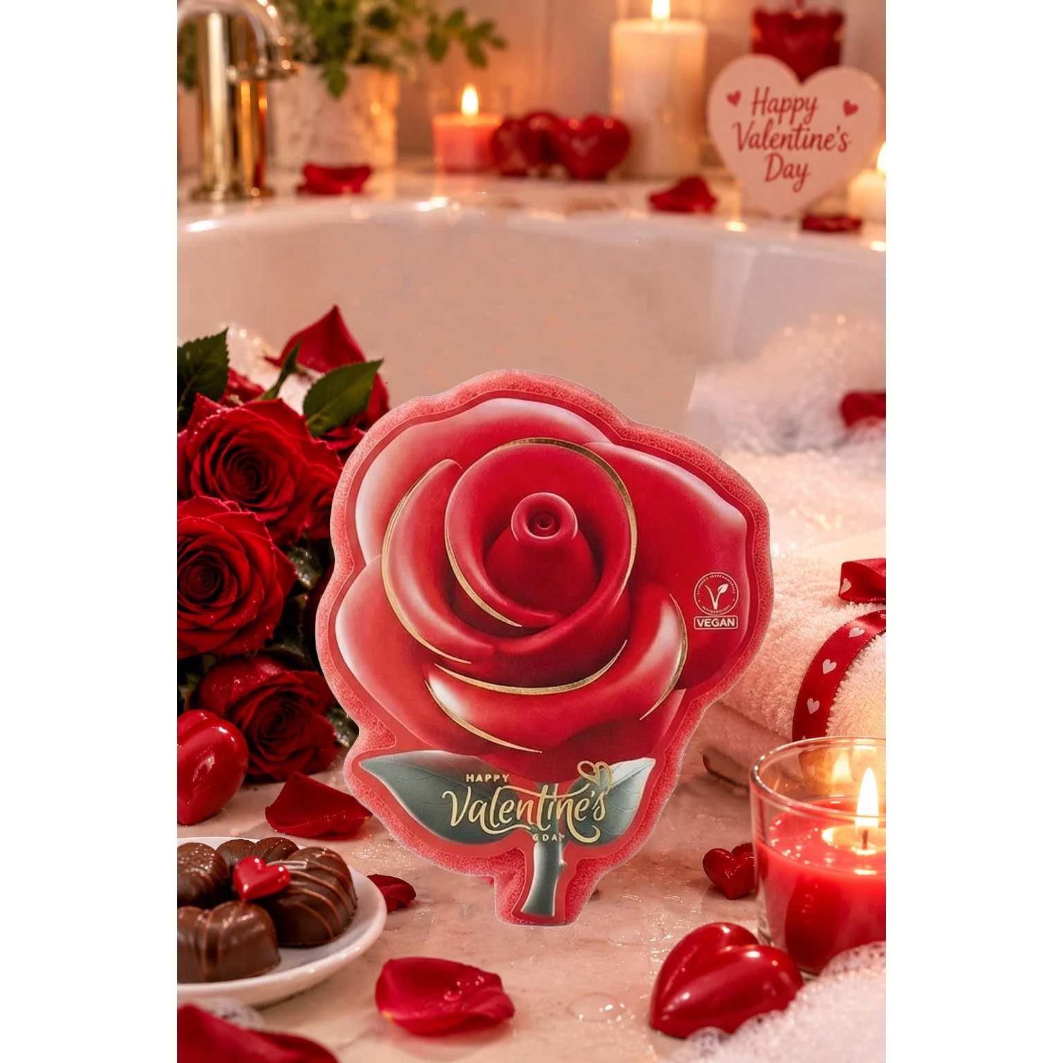 Burete de baie exfoliant Editie Ziua Indragostilor La Roma Rose Sponge, aroma dulce, senzuala si romantica, cu sapun vegan integrat, 110g, 9-13 cm, rosu titian – imagine 2