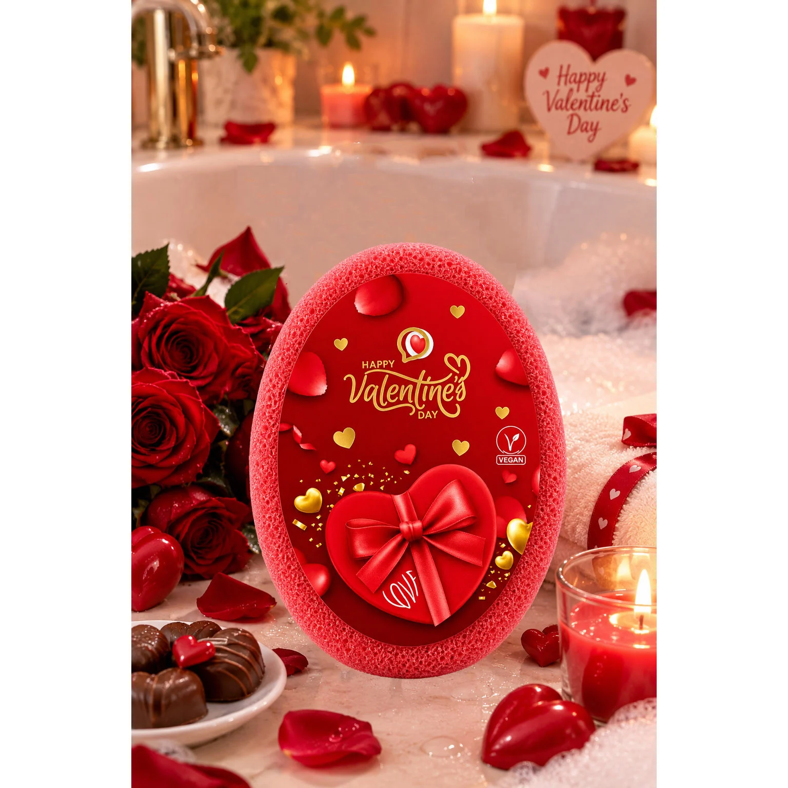Burete de baie exfoliant Editie Ziua Indragostilor La Roma Round Sponge, aroma dulce, senzuala si romantica, cu sapun vegan integrat, 110g, 9-13 cm, rosu carmin – imagine 2