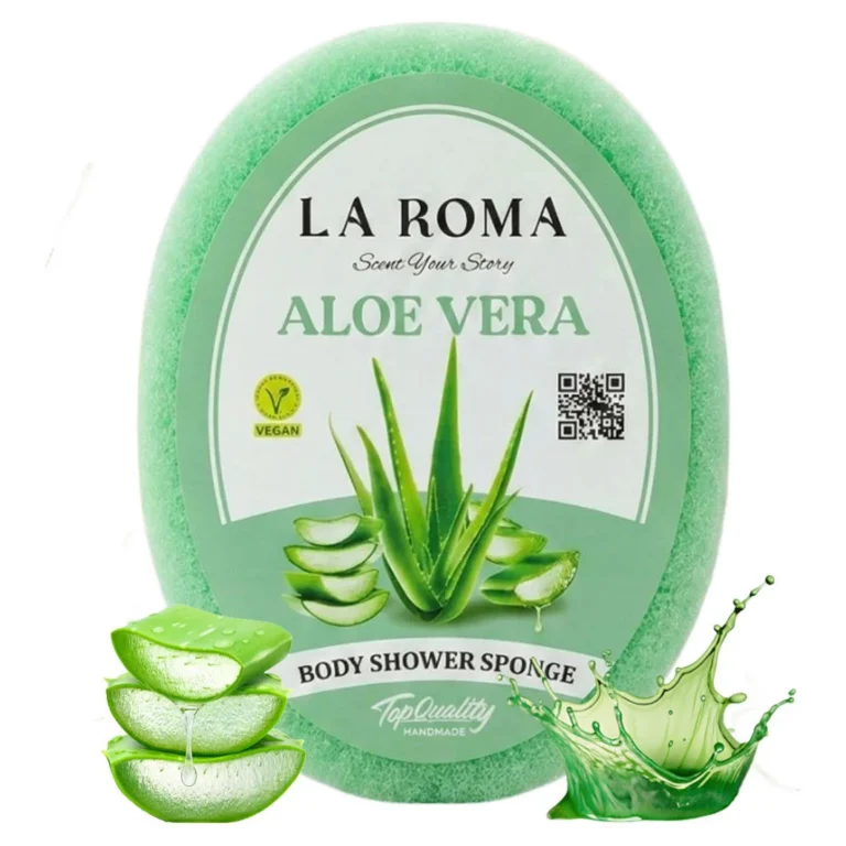 Burete de baie exfoliant La Roma Aloe Vera Sponge, cu sapun vegan integrat, senzatie de prospetime si curatenie, 130g, 10-13 cm, verde deschis