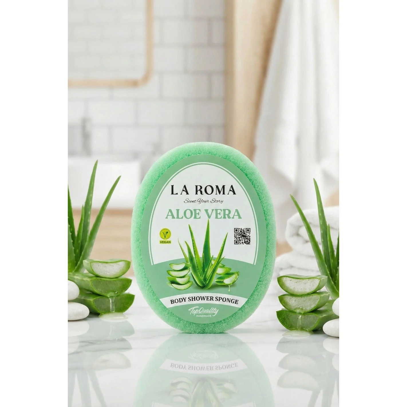 Burete de baie exfoliant La Roma Aloe Vera Sponge, cu sapun vegan integrat, senzatie de prospetime si curatenie, 130g, 10-13 cm, verde deschis – imagine 2