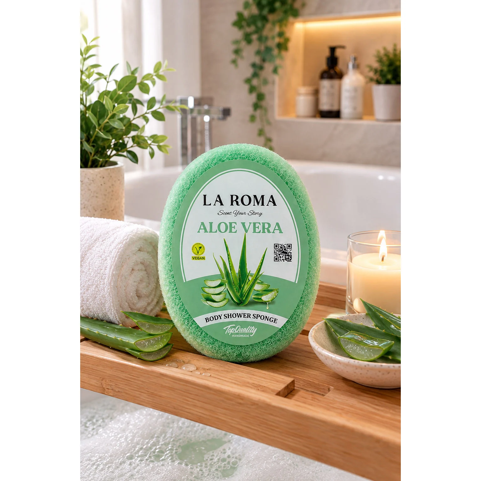 Burete de baie exfoliant La Roma Aloe Vera Sponge, cu sapun vegan integrat, senzatie de prospetime si curatenie, 130g, 10-13 cm, verde deschis – imagine 3