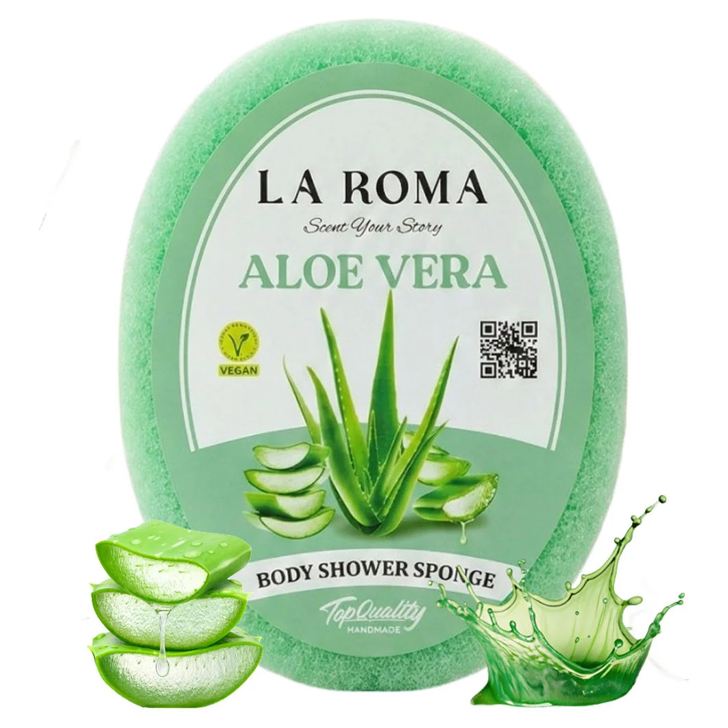 Burete de baie exfoliant La Roma Aloe Vera Sponge, cu sapun vegan integrat, senzatie de prospetime si curatenie, 130g, 10-13 cm, verde deschis