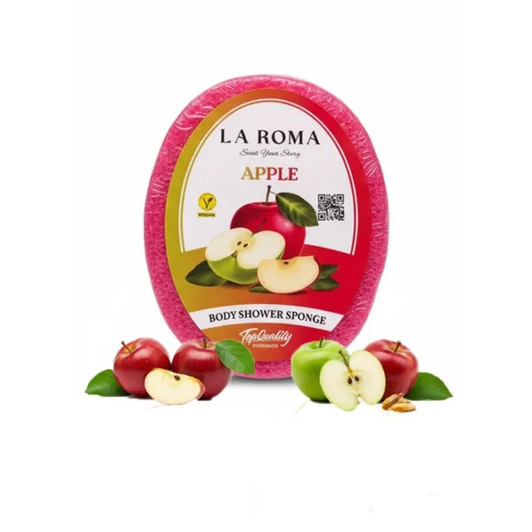 Burete de baie exfoliant La Roma Apple Sponge, cu sapun vegan integrat, aroma fresh, fructata si revigoranta, senzatie de prospetime si curatenie, 130g, 10-13 cm, rosu deschis