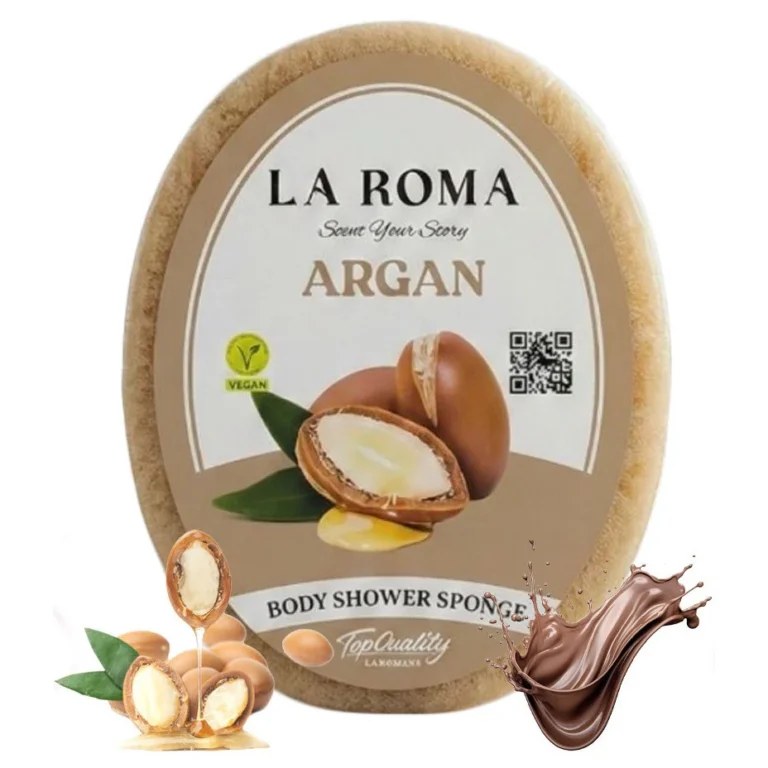 Burete de baie exfoliant La Roma Argan Sponge, cu sapun vegan integrat, aduce o nota placuta si sofisticata rutinei de dus, 130g, 10-13 cm, crem inchis