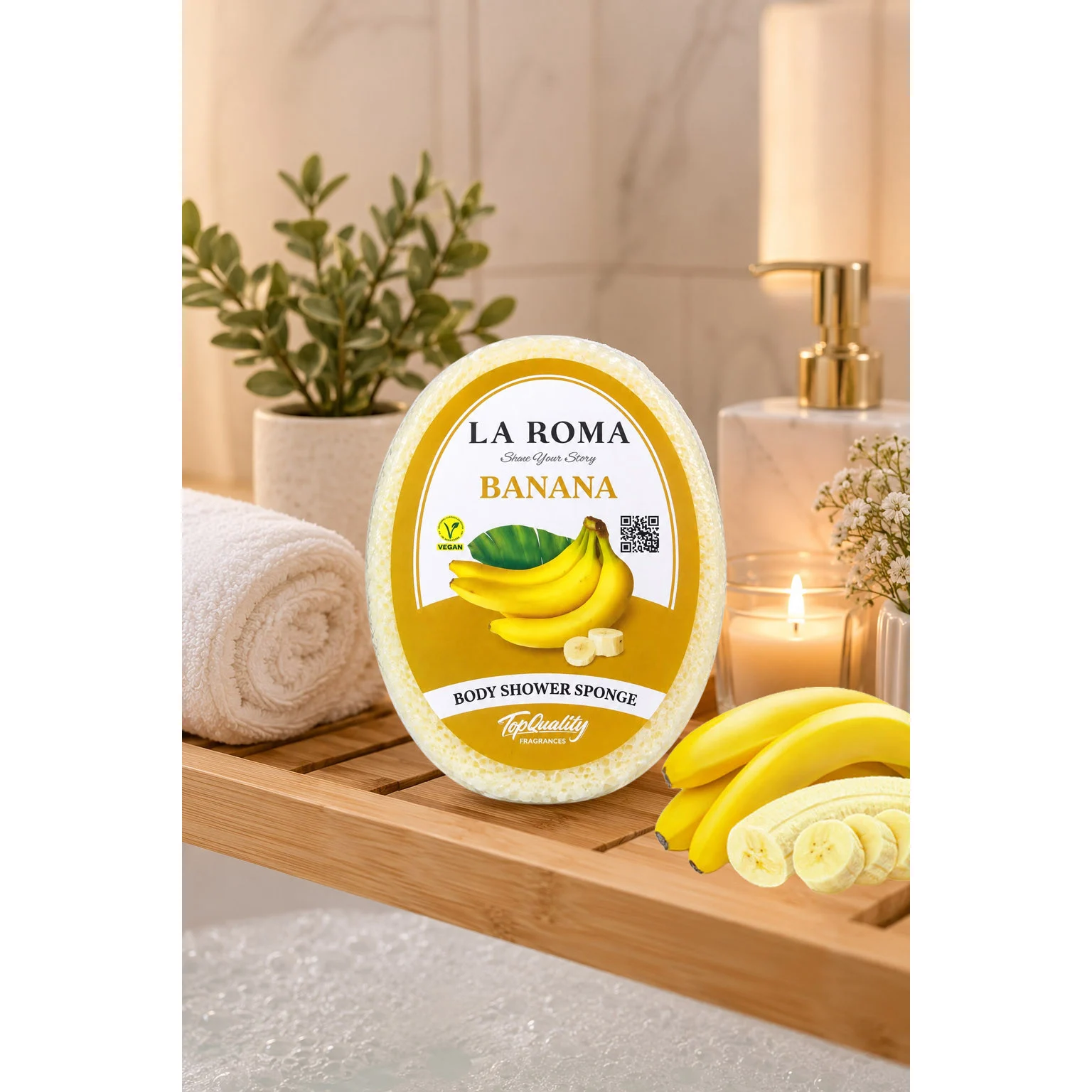 Burete de baie exfoliant La Roma Banana Sponge, aroma dulce cu note cremoase, cu sapun vegan integrat, 130g, 10-13 cm, galben – imagine 2
