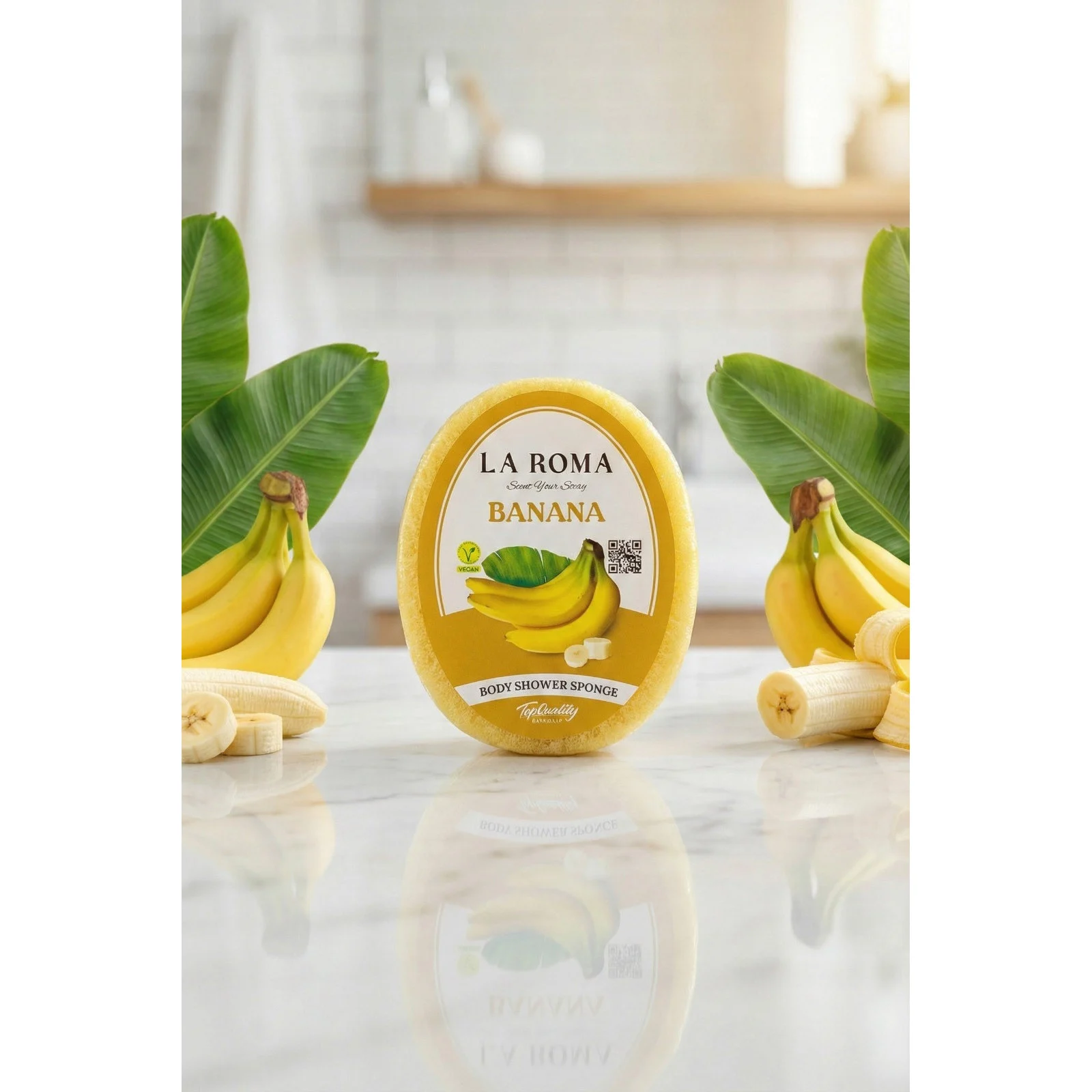Burete de baie exfoliant La Roma Banana Sponge, aroma dulce cu note cremoase, cu sapun vegan integrat, 130g, 10-13 cm, galben – imagine 3