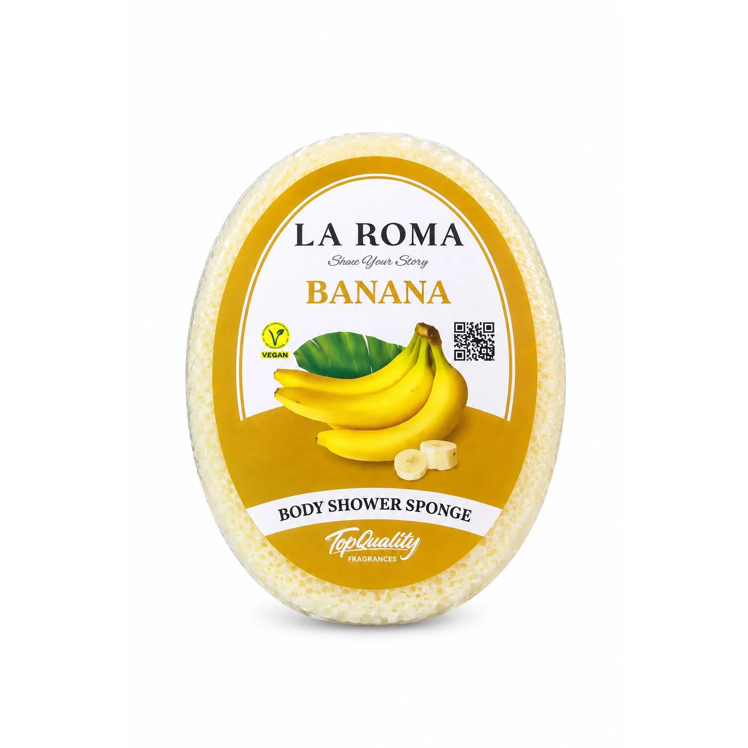 Burete de baie exfoliant La Roma Banana Sponge, aroma dulce cu note cremoase, cu sapun vegan integrat, 130g, 10-13 cm, galben – imagine 4