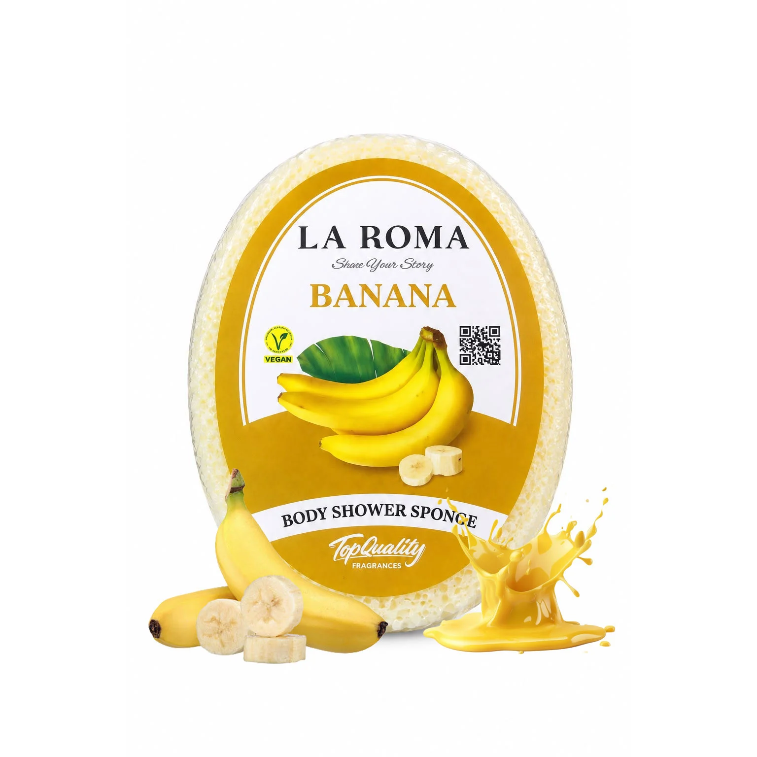 Burete de baie exfoliant La Roma Banana Sponge, aroma dulce cu note cremoase, cu sapun vegan integrat, 130g, 10-13 cm, galben