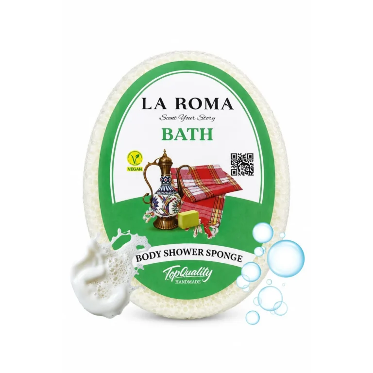 Burete de baie exfoliant La Roma Bath Sponge, cu sapun vegan integrat, aroma placuta si senzatie de prospetime si curatenie, 130g, 10-13 cm, alb murdar