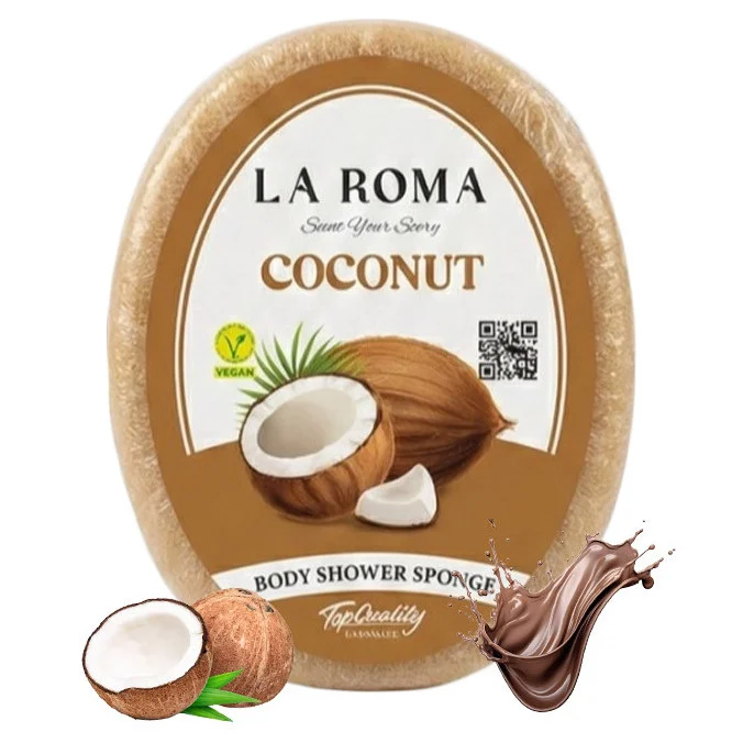 Burete de baie exfoliant La Roma Coconut Sponge, pentru cei care iubesc aromele tropicale, de vacanta, cu sapun vegan integrat, 130g, 10-13 cm, maro deschis