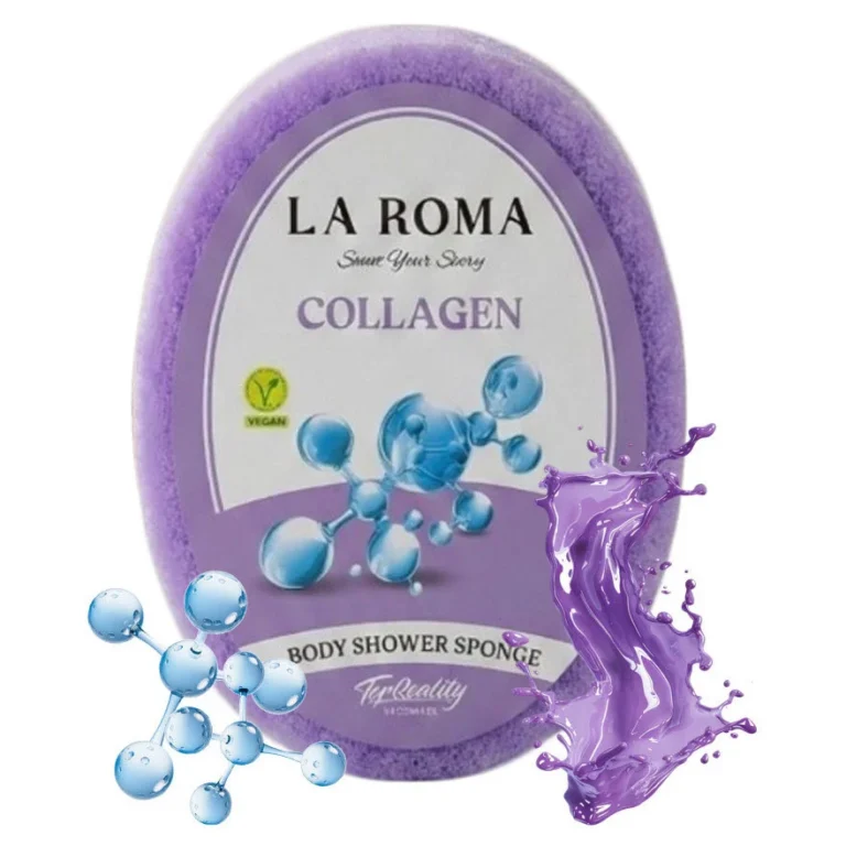 Burete de baie exfoliant La Roma Collagen Sponge, cu sapun vegan integrat, potrivit pentru cei care prefera aromele delicate, curate si elegante, 130g, 10-13 cm, violet