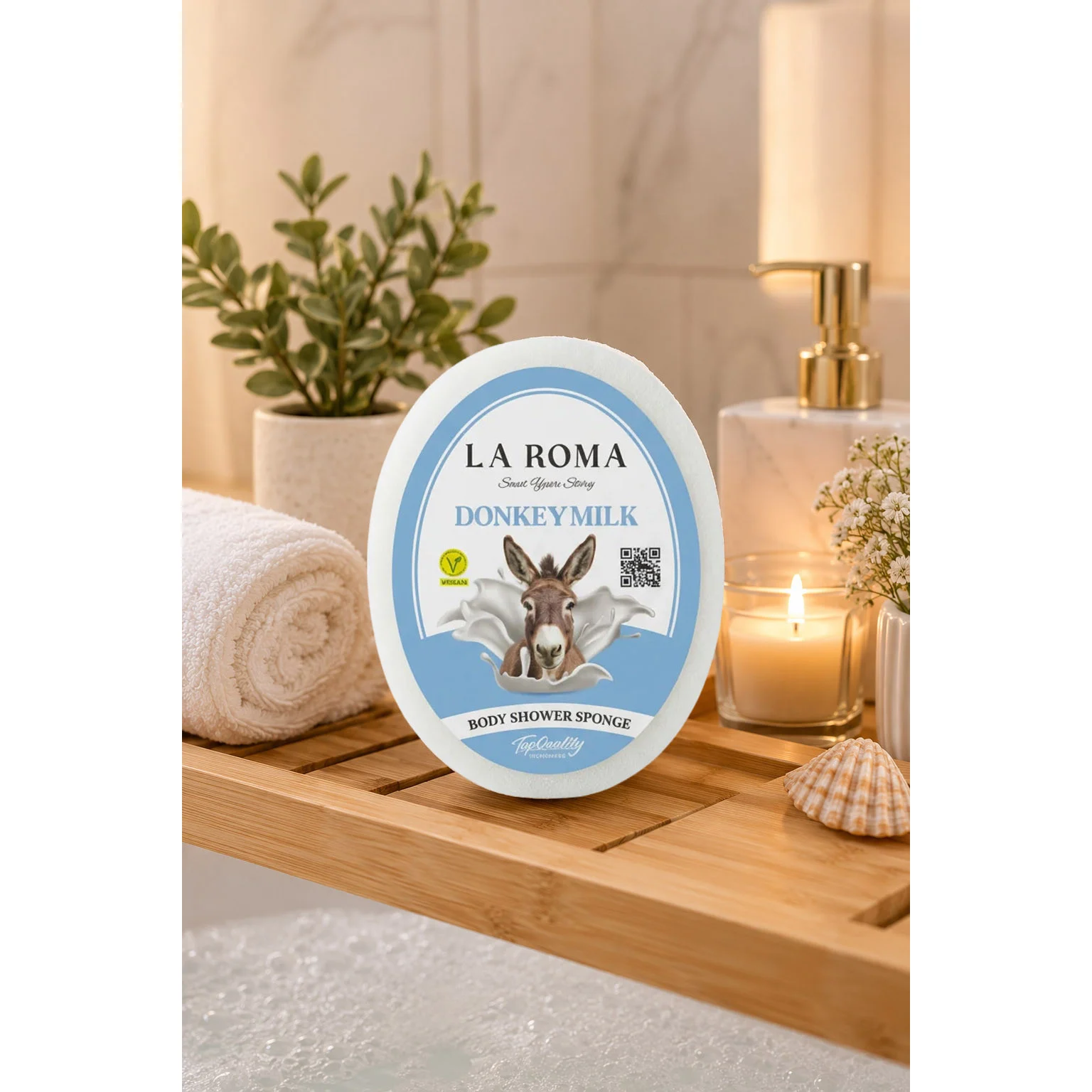 Burete de baie exfoliant La Roma Donkey Milk Sponge, cu sapun vegan integrat, nota cremoasa si reconfortanta, perfecta pentru o rutina de dus relaxanta, 130g, 10-13 cm, alb laptos – imagine 2