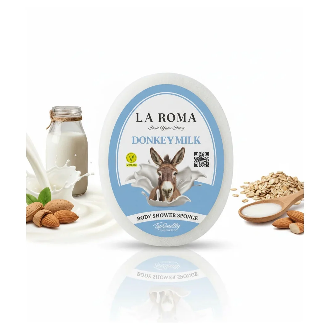 Burete de baie exfoliant La Roma Donkey Milk Sponge, cu sapun vegan integrat, nota cremoasa si reconfortanta, perfecta pentru o rutina de dus relaxanta, 130g, 10-13 cm, alb laptos – imagine 3