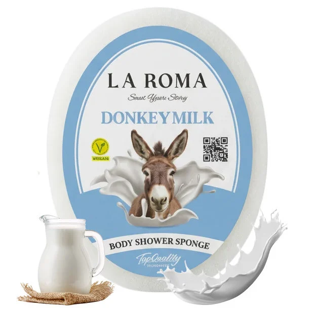 Burete de baie exfoliant La Roma Donkey Milk Sponge, cu sapun vegan integrat, nota cremoasa si reconfortanta, perfecta pentru o rutina de dus relaxanta, 130g, 10-13 cm, alb laptos