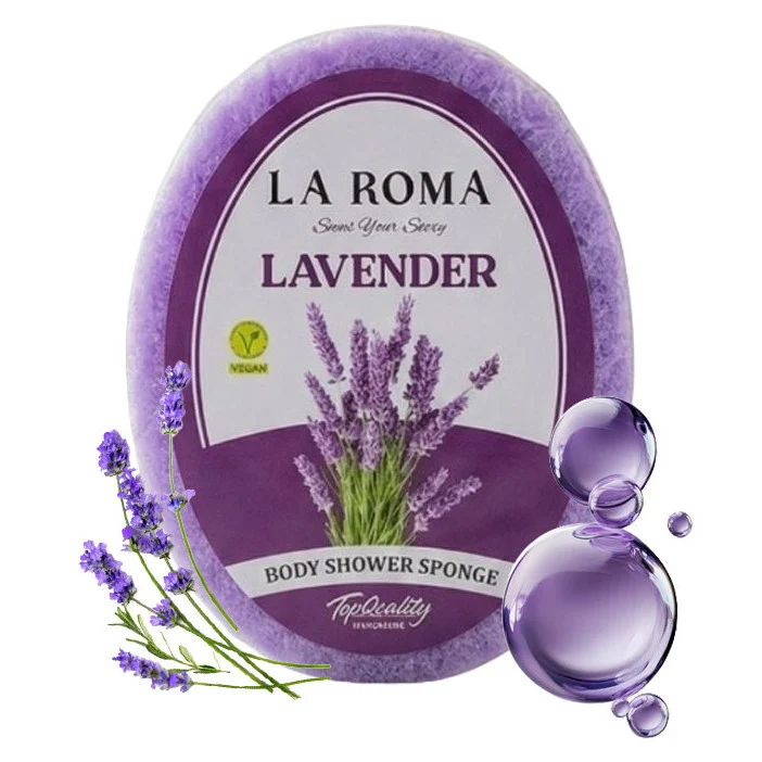 Burete de baie exfoliant La Roma Lavender Sponge, cu sapun vegan integrat, cu lavanda, aroma relaxanta si florala, 130g, 10-13 cm, mov