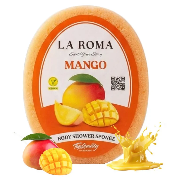 Burete de baie exfoliant La Roma Mango Sponge, cu sapun vegan integrat, aroma intensa si dulce pentru cei care apreciaza mirosurile tropicale, 130g, 10-13 cm, galben inchis
