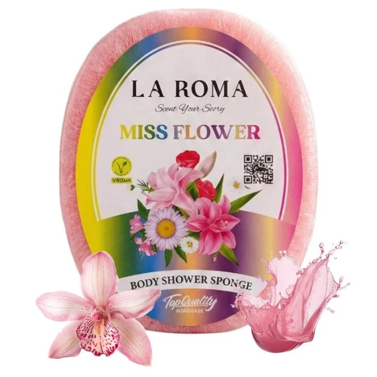 Burete de baie exfoliant La Roma Miss Flower Sponge, cu sapun vegan integrat, pentru cei care apreciaza aromele florale, delicate si feminine, 130g, 10-13 cm, roz
