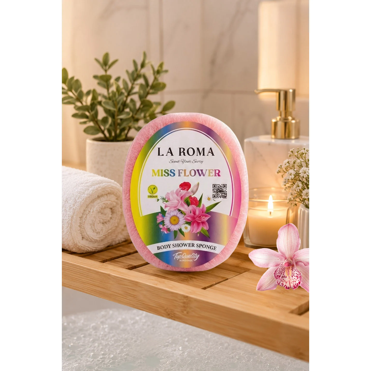 Burete de baie exfoliant La Roma Miss Flower Sponge, cu sapun vegan integrat, pentru cei care apreciaza aromele florale, delicate si feminine, 130g, 10-13 cm, roz – imagine 2