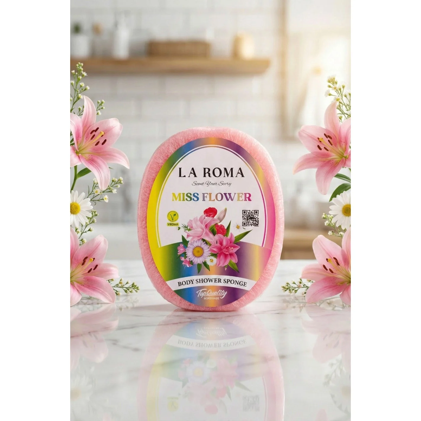 Burete de baie exfoliant La Roma Miss Flower Sponge, cu sapun vegan integrat, pentru cei care apreciaza aromele florale, delicate si feminine, 130g, 10-13 cm, roz – imagine 3