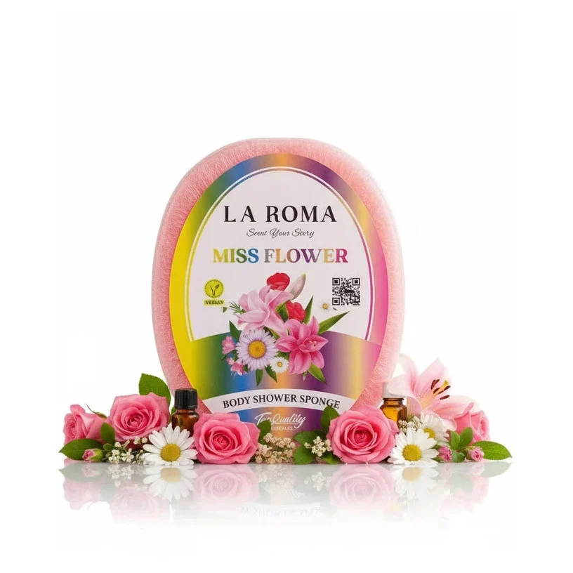 Burete de baie exfoliant La Roma Miss Flower Sponge, cu sapun vegan integrat, pentru cei care apreciaza aromele florale, delicate si feminine, 130g, 10-13 cm, roz – imagine 5
