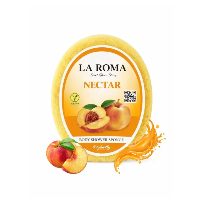 Burete de baie exfoliant La Roma Nectar Sponge, cu sapun vegan integrat, aroma de piersica, dulce, placuta si reconfortanta, 130g, 10-13 cm, portocaliu