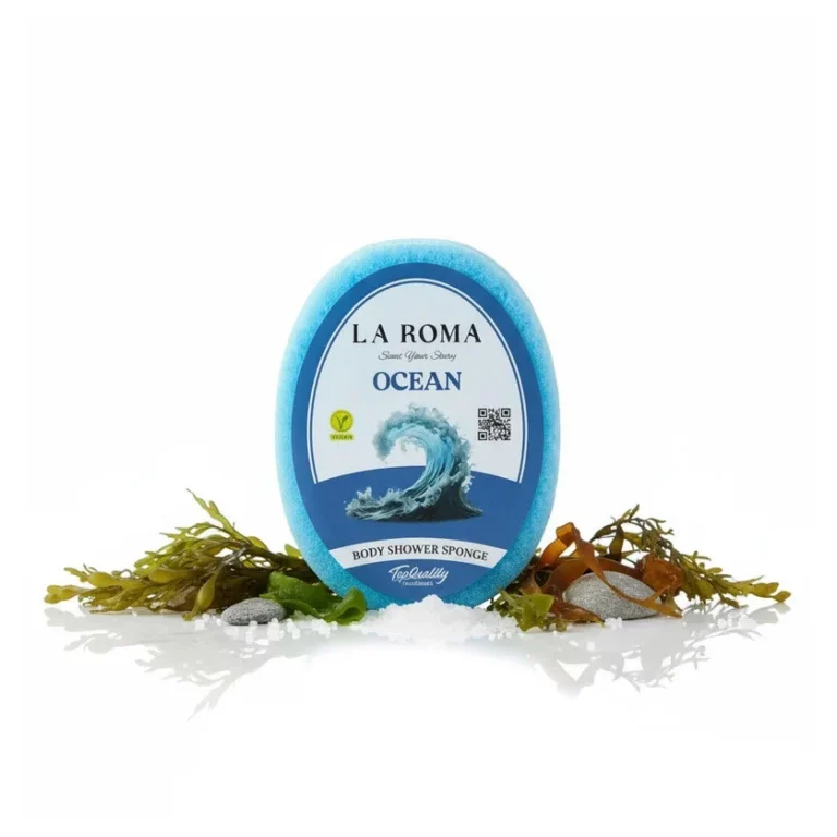 Burete de baie exfoliant La Roma Ocean Sponge, cu sapun vegan integrat, aroma fresh, curata si revigoranta, 130g, 10-13 cm, albastru