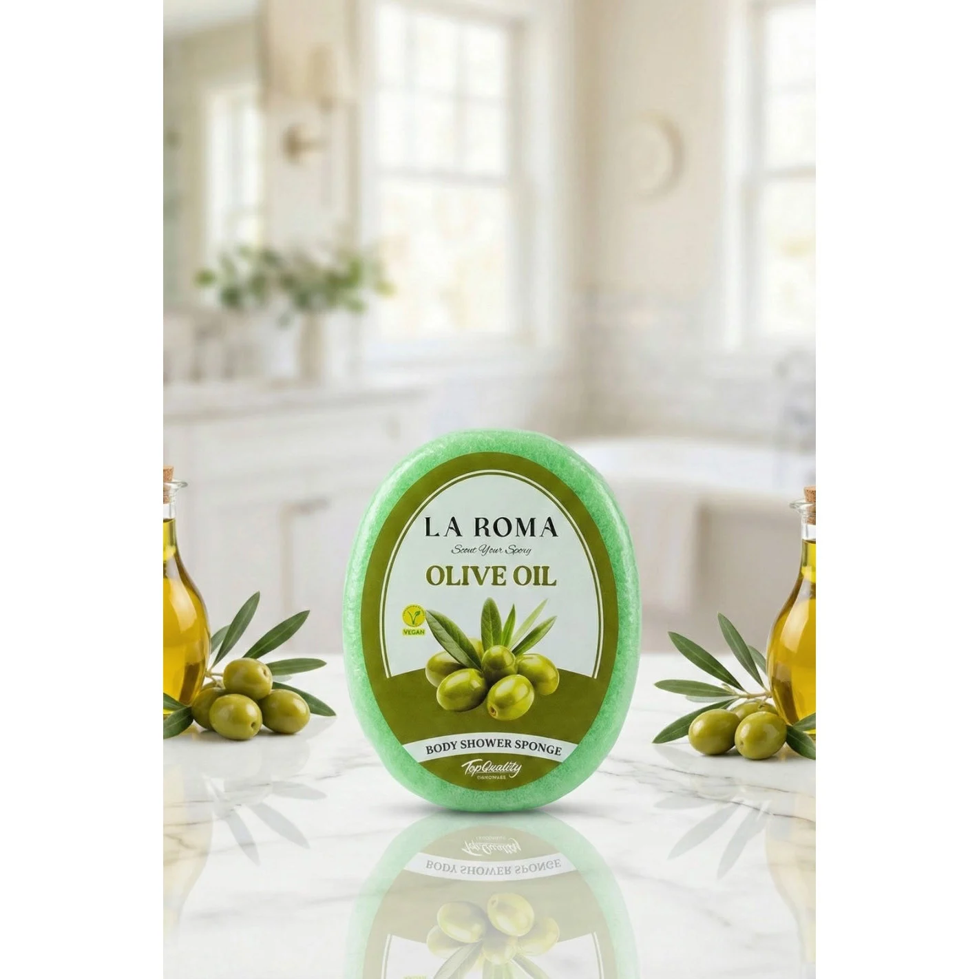 Burete de baie exfoliant La Roma Olive Oil Sponge, cu sapun vegan integrat, pentru cei care apreciaza aromele discrete si naturale, 130g, 10-13 cm, verde olive – imagine 3