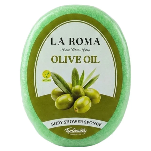 Burete de baie exfoliant La Roma Olive Oil Sponge, cu sapun vegan integrat, pentru cei care apreciaza aromele discrete si naturale, 130g, 10-13 cm, verde olive – imagine 4