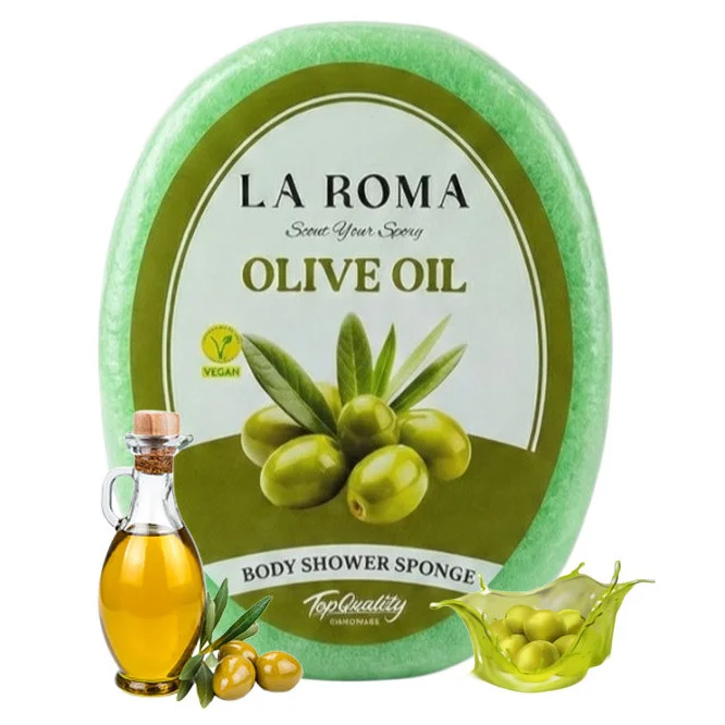 Burete de baie exfoliant La Roma Olive Oil Sponge, cu sapun vegan integrat, pentru cei care apreciaza aromele discrete si naturale, 130g, 10-13 cm, verde olive