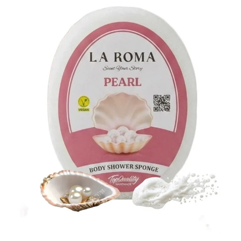 Burete de baie exfoliant La Roma Pearl Sponge, cu sapun vegan integrat, pentru cei care doresc un parfum discret si placut, 130g, 10-13 cm, alb