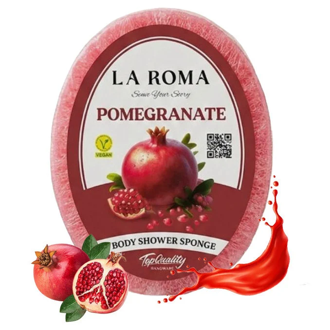 Burete de baie exfoliant La Roma Pomegranate Sponge, cu sapun vegan integrat, aroma de rodii dulce si intensa, 130g, 10-13 cm, visiniu