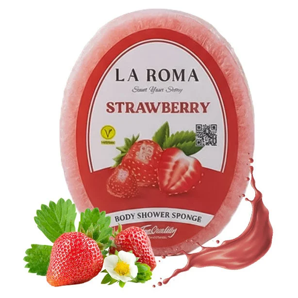 Burete de baie exfoliant La Roma Strawberry Sponge, cu sapun vegan integrat, pentru cei care apreciaza aromele dulci, fructate si fresh, 130g, 10-13 cm, rosu
