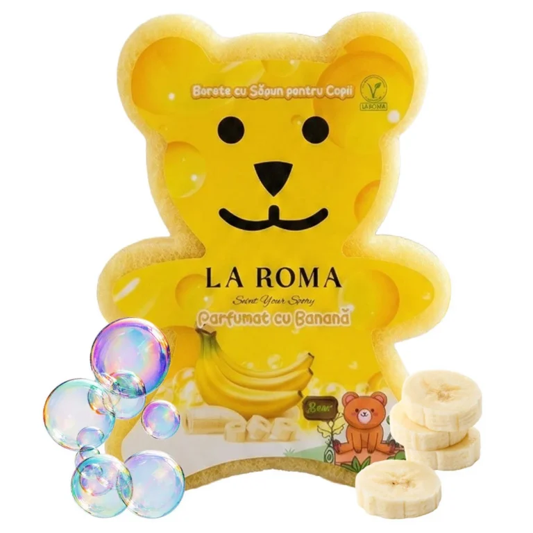Burete de baie pentru copii La Roma Banane Sponge, forma ursulet, aroma reconfortanta si dulce potrivita pentru cei mici, cu sapun vegan integrat, 150g, 9-12 cm, galben aprins