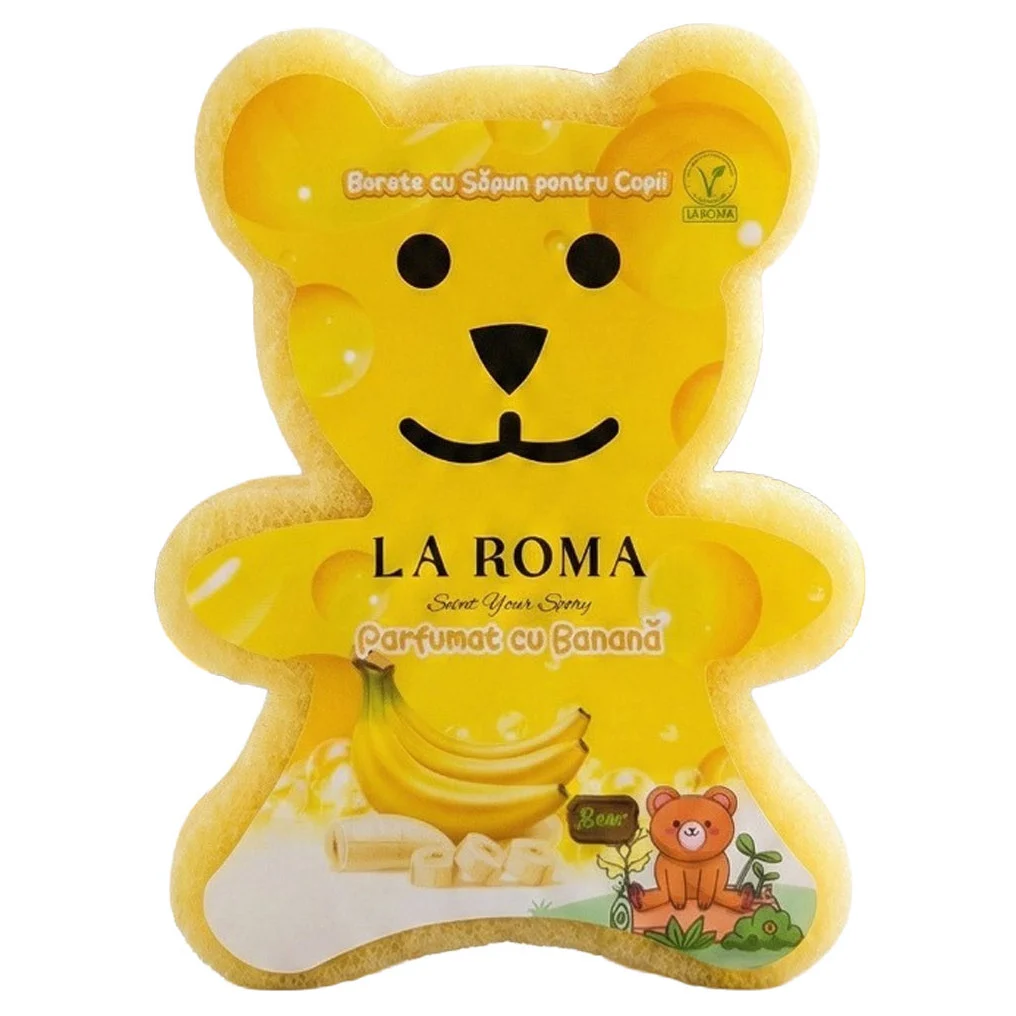 Burete de baie pentru copii La Roma Banane Sponge, forma ursulet, aroma reconfortanta si dulce potrivita pentru cei mici, cu sapun vegan integrat, 150g, 9-12 cm, galben aprins – imagine 3