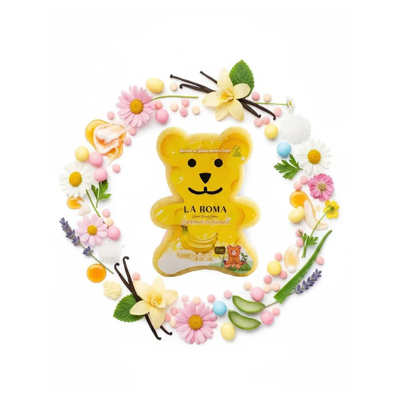 Burete de baie pentru copii La Roma Banane Sponge, forma ursulet, aroma reconfortanta si dulce potrivita pentru cei mici, cu sapun vegan integrat, 150g, 9-12 cm, galben aprins – imagine 4