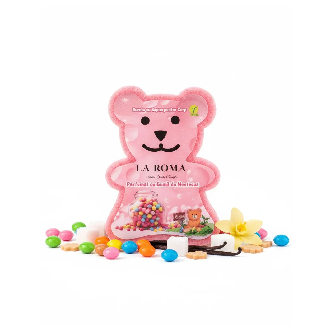 Burete de baie pentru copii La Roma Guma de Mestecat Sponge, forma ursulet, cu sapun vegan integrat, aroma dulce, vesela si placuta, 150g, 9-12 cm, baby pink – imagine 3