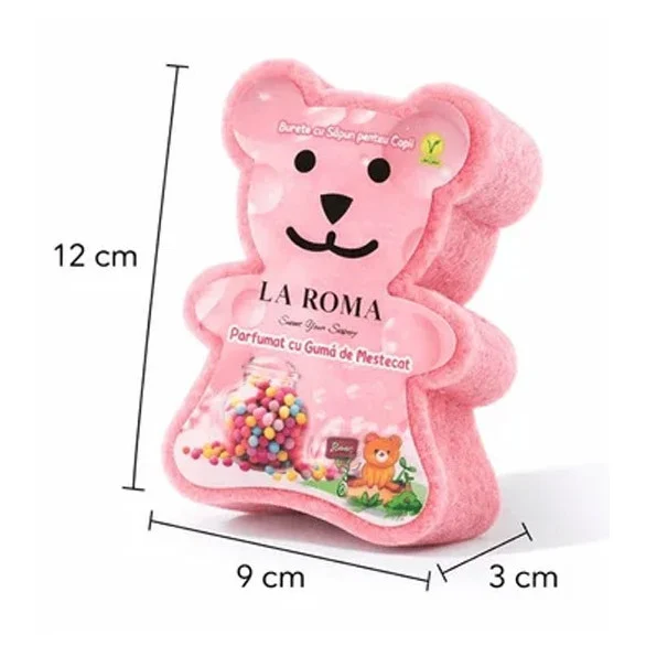 Burete de baie pentru copii La Roma Guma de Mestecat Sponge, forma ursulet, cu sapun vegan integrat, aroma dulce, vesela si placuta, 150g, 9-12 cm, baby pink – imagine 4