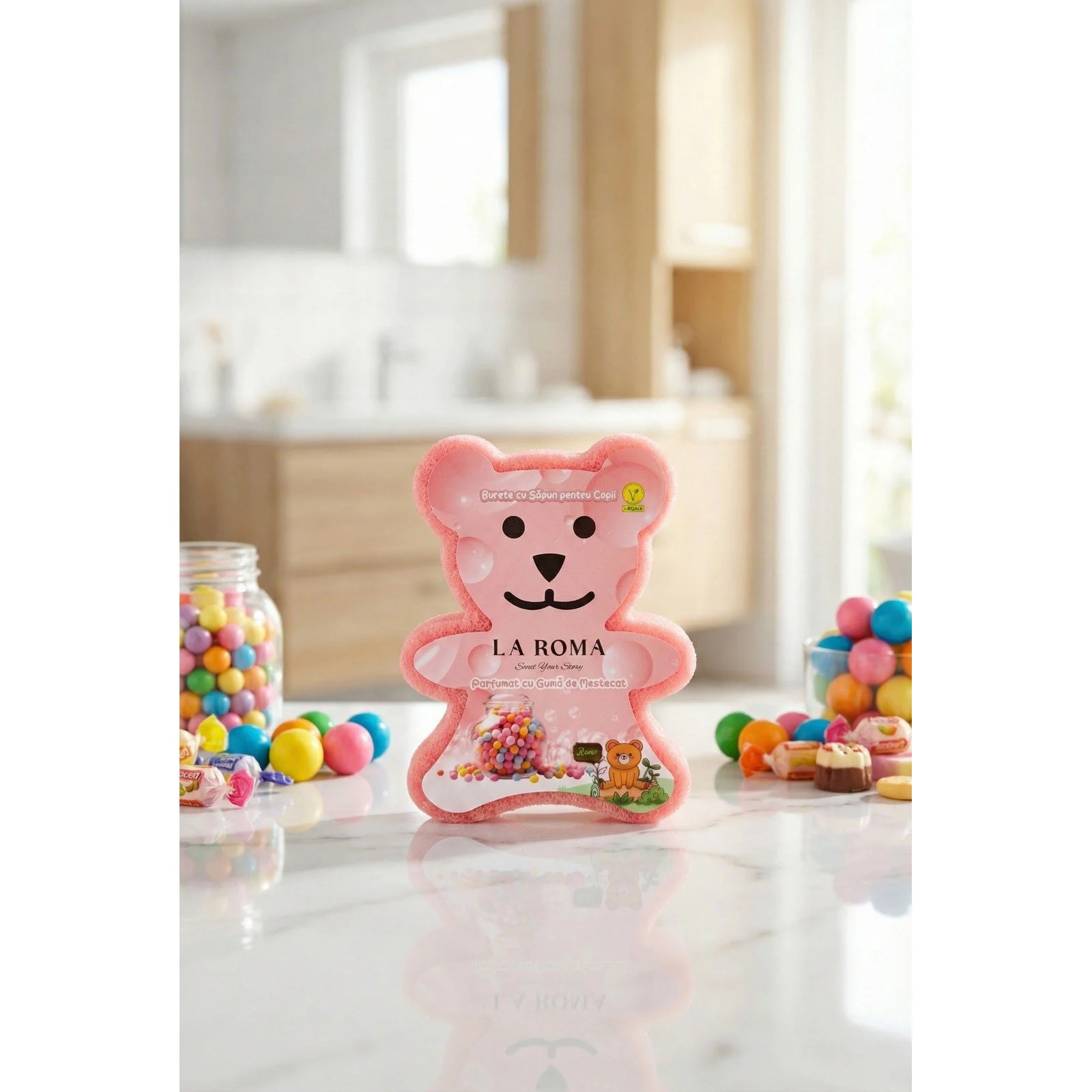 Burete de baie pentru copii La Roma Guma de Mestecat Sponge, forma ursulet, cu sapun vegan integrat, aroma dulce, vesela si placuta, 150g, 9-12 cm, baby pink – imagine 5