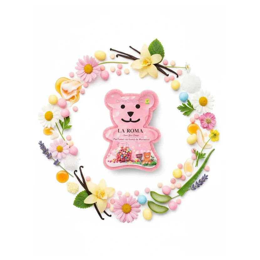 Burete de baie pentru copii La Roma Guma de Mestecat Sponge, forma ursulet, cu sapun vegan integrat, aroma dulce, vesela si placuta, 150g, 9-12 cm, baby pink – imagine 6
