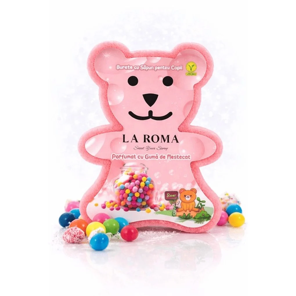 Burete de baie pentru copii La Roma Guma de Mestecat Sponge, forma ursulet, cu sapun vegan integrat, aroma dulce, vesela si placuta, 150g, 9-12 cm, baby pink