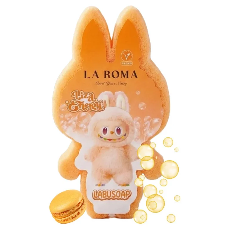Burete de baie pentru copii La Roma Lulu's Sponge, aroma citrice, cu sapun vegan integrat, combinatie placuta de prospetime si note fructate, 110g, 12-13cm, portocaliu deschis